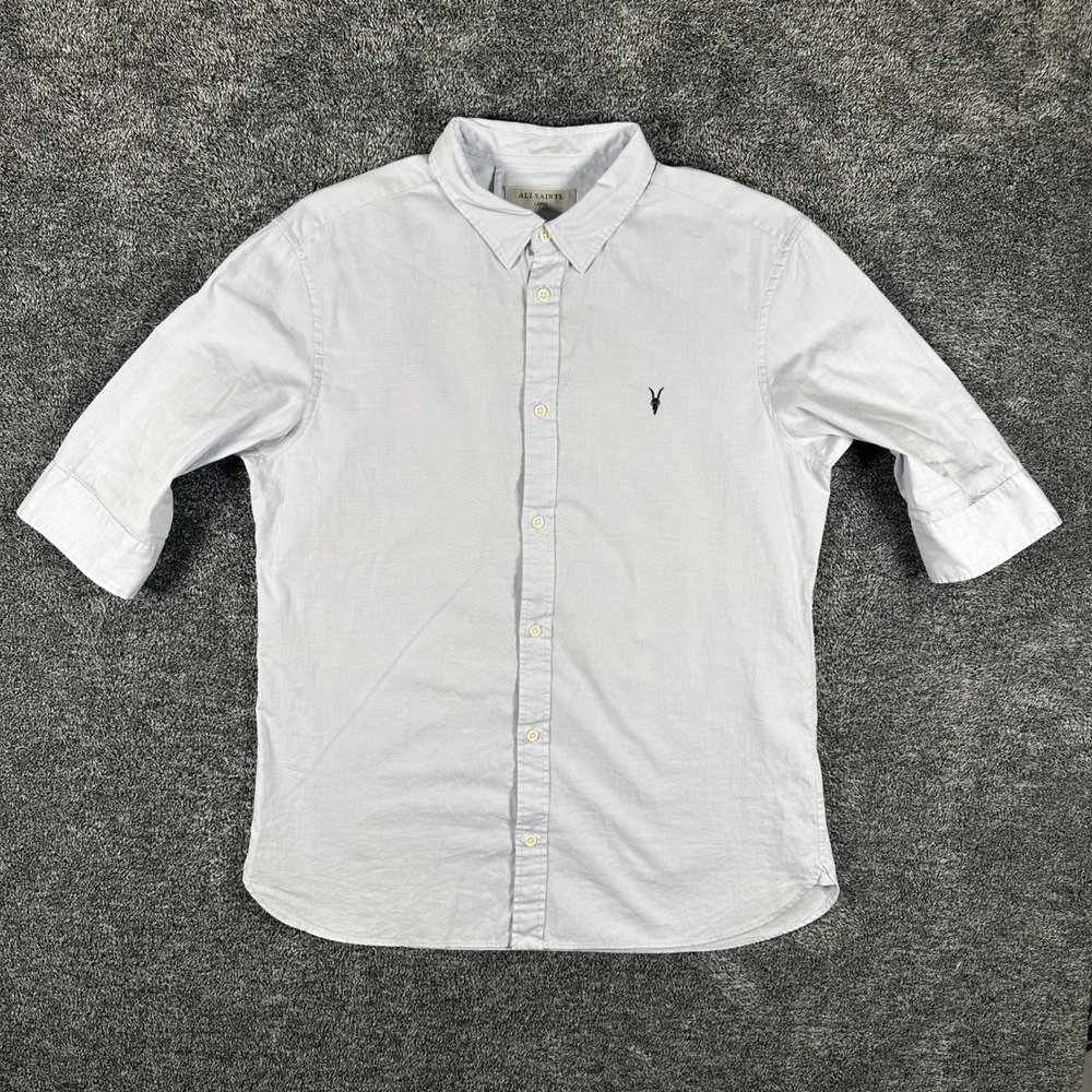 AllSaints Redondo HS Shirt Mens Large Light Blue Button Down Ramskull MS121F